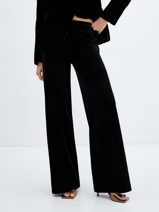 Mango Pants - MANGO Women's Black Velvet Wide Leg Pants - Elastic Waist - Size Large - NEW